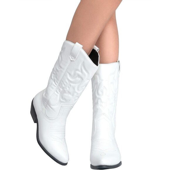 Women Polyurethane White Mid Calf Low Heel Pointed Toe Cowgirl Western Boot - Picture 6 of 9